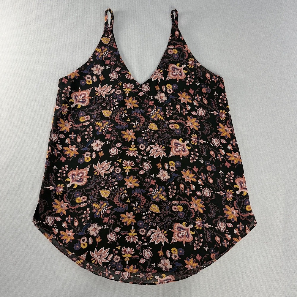 Floral Paisley V-Neck Tank Top Sleeveless Curved Hem Black Multi Color Camisole - Picture 3 of 11